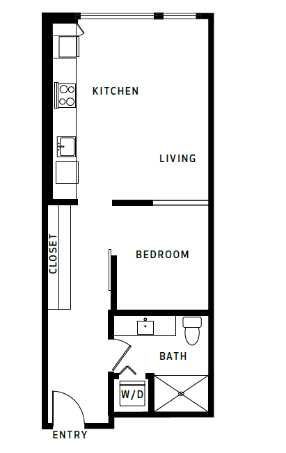 Floor plan for 1 bed, 1 bath, 615 sqft